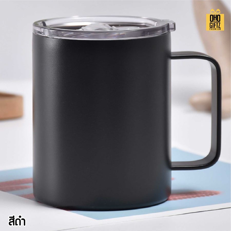 แก้วสแตนเลสมีหู สกรีนโลโก้ ทำเป็นของพรีเมี่ยมได้