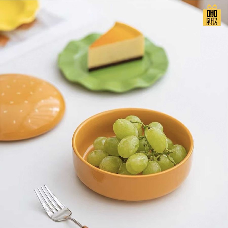 ชุดจานชามเซรามิกแฮมเบอร์เกอร์ สกรีนโลโก้ทำเป็นของพรีเมี่ยมได้