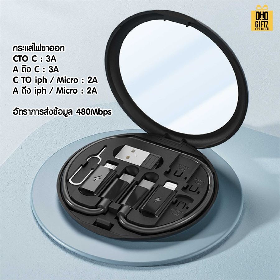 ชุดกล่องเก็บสายชาร์จ USB พร้อมกระจก สกรีนชื่อ โลโก้ ทำเป็นของพรีเมี่ยมได้