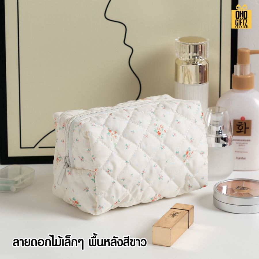 กระเป๋าใส่เครื่องสำอางผ้า cotton ลายดอกไม้ สกรีนโลโก้  ทำเป็นของพรีเมี่ยมได้
