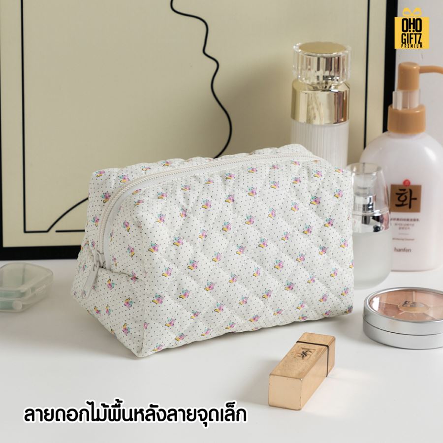 กระเป๋าใส่เครื่องสำอางผ้า cotton ลายดอกไม้ สกรีนโลโก้  ทำเป็นของพรีเมี่ยมได้