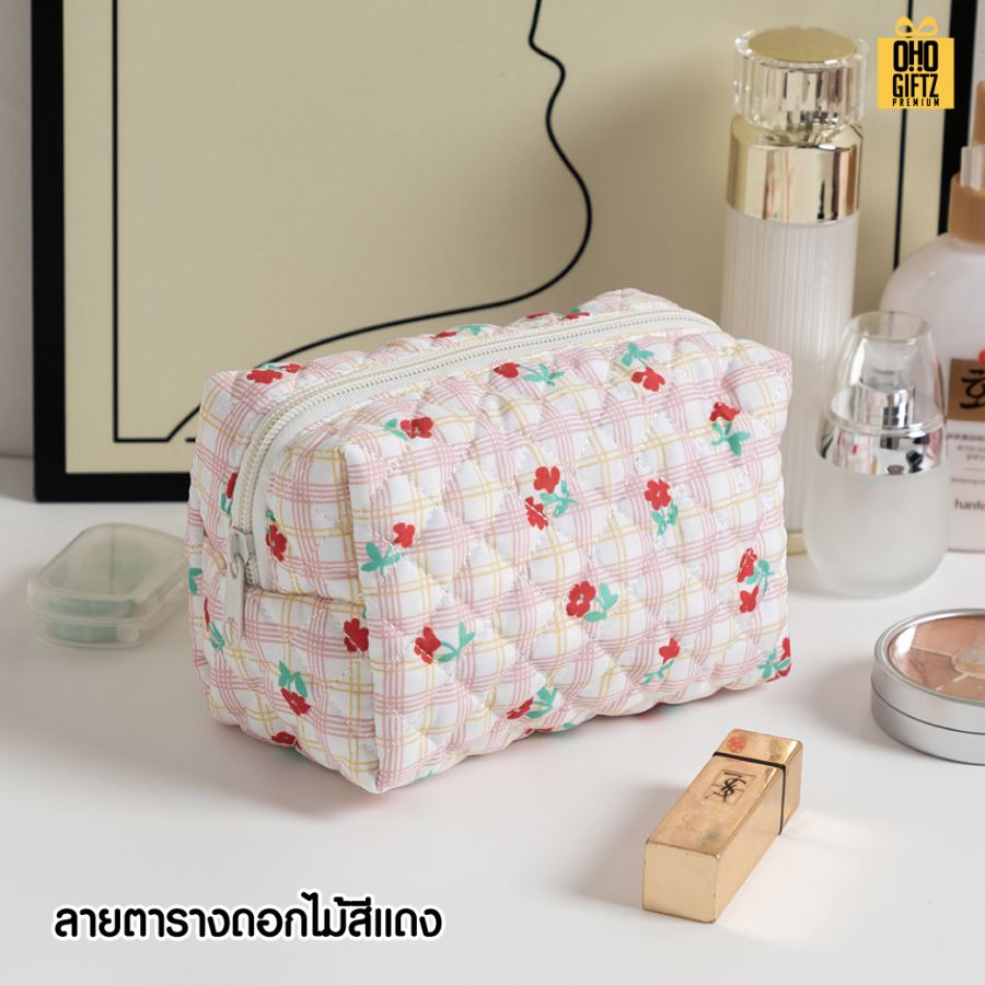 กระเป๋าใส่เครื่องสำอางผ้า cotton ลายดอกไม้ สกรีนโลโก้  ทำเป็นของพรีเมี่ยมได้