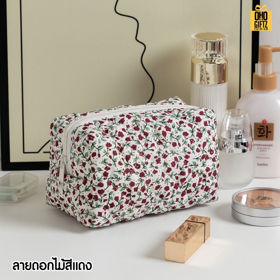 กระเป๋าใส่เครื่องสำอางผ้า cotton ลายดอกไม้ สกรีนโลโก้  ทำเป็นของพรีเมี่ยมได้
