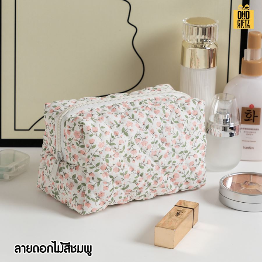 กระเป๋าใส่เครื่องสำอางผ้า cotton ลายดอกไม้ สกรีนโลโก้  ทำเป็นของพรีเมี่ยมได้