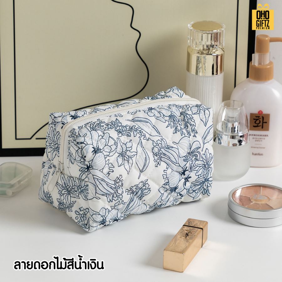 กระเป๋าใส่เครื่องสำอางผ้า cotton ลายดอกไม้ สกรีนโลโก้  ทำเป็นของพรีเมี่ยมได้