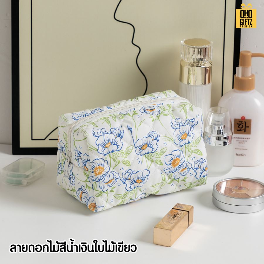 กระเป๋าใส่เครื่องสำอางผ้า cotton ลายดอกไม้ สกรีนโลโก้  ทำเป็นของพรีเมี่ยมได้