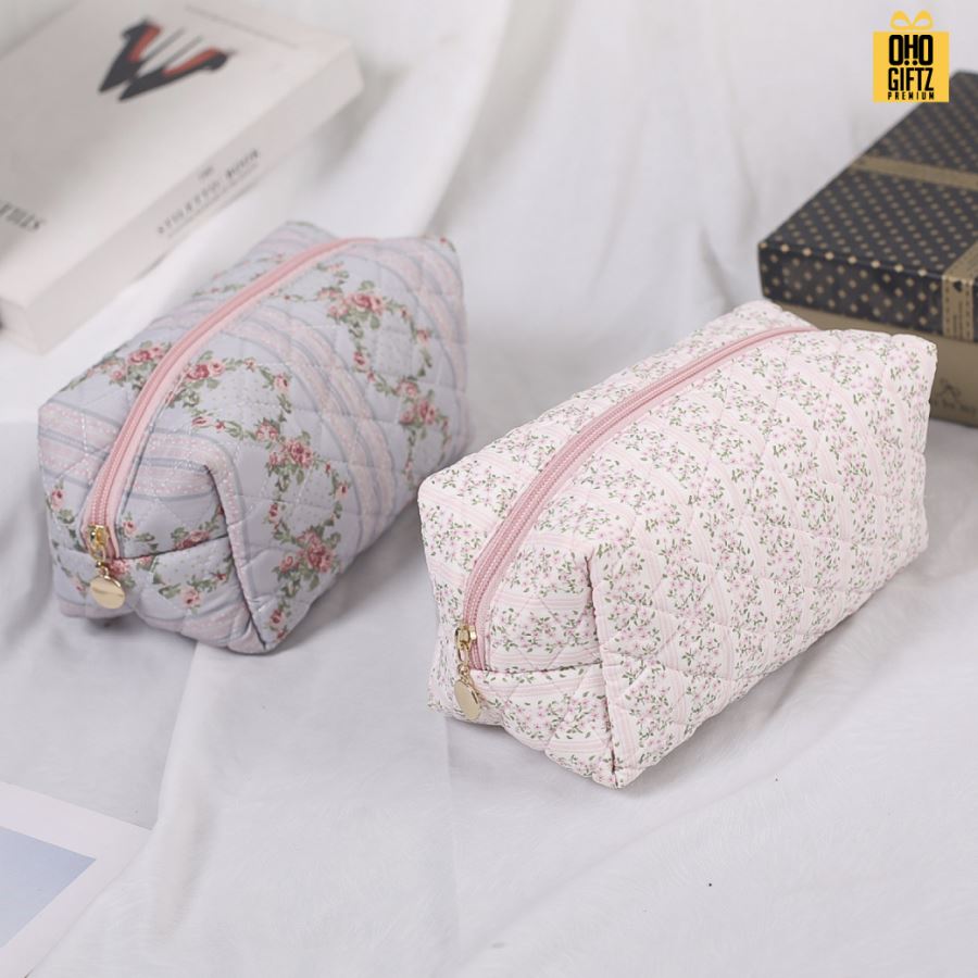 กระเป๋าผ้าใส่เครื่องสำอางลายดอกไม้ สกรีนโลโก้  ทำเป็นของพรีเมี่ยมได้