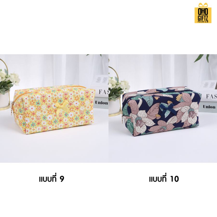 กระเป๋าผ้าใส่เครื่องสำอางลายดอกไม้ สกรีนโลโก้  ทำเป็นของพรีเมี่ยมได้