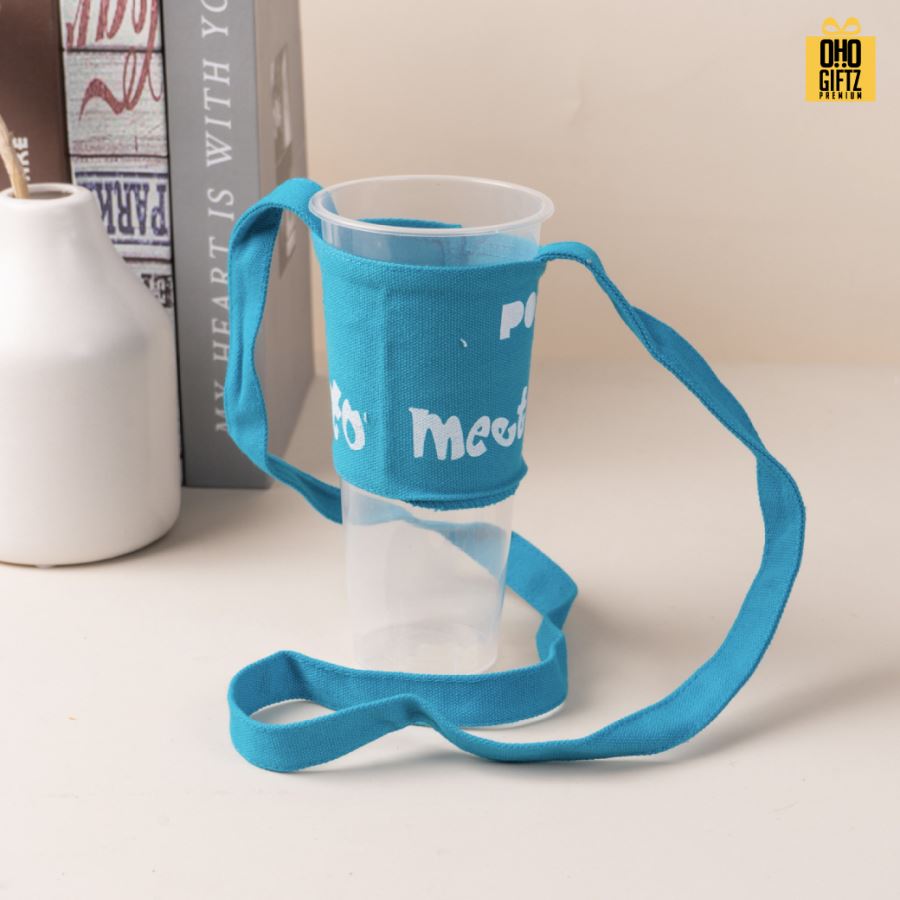 ปลอกผ้าหุ้มถ้วย มีสายถือ พิมพ์ไม่จำกัดสี สกรีนโลโก้ ทำเป็นของพรีเมี่ยม ของชำร่วย ของที่ระลึก