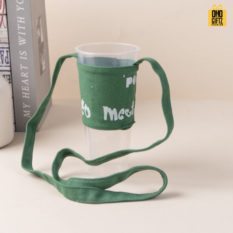 ปลอกผ้าหุ้มถ้วย มีสายถือ พิมพ์ไม่จำกัดสี สกรีนโลโก้ ทำเป็นของพรีเมี่ยม ของชำร่วย ของที่ระลึก