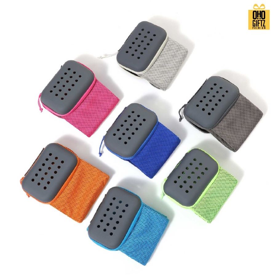 ผ้าชุบน้ำแล้วเย็นสำหรับออกกำลังกายพร้อมกล่อง ผลิตโลโก้ เย็บลาเบล ทำเป็นของพรีเมี่ยมได้