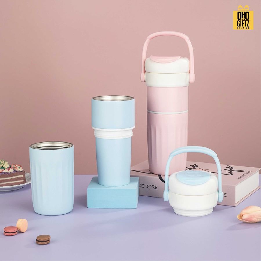 กระบอกสแตนเลส 2 ชั้น หมุนเป็นถ้วยเพิ่มได้ สกรีนโลโก้ ทำเป็นของพรีเมี่ยมได้