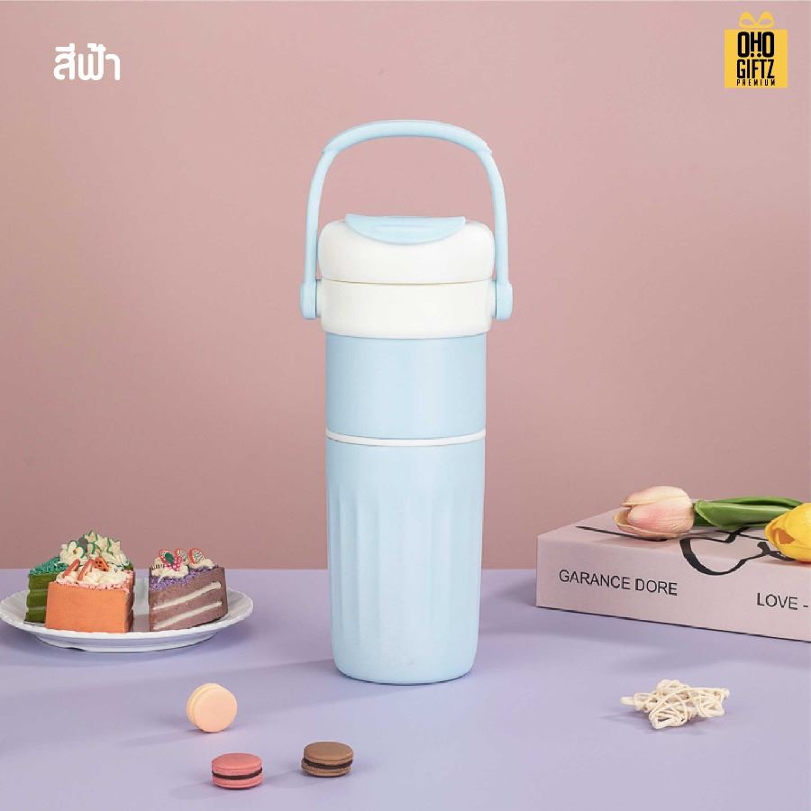 กระบอกสแตนเลส 2 ชั้น หมุนเป็นถ้วยเพิ่มได้ สกรีนโลโก้ ทำเป็นของพรีเมี่ยมได้