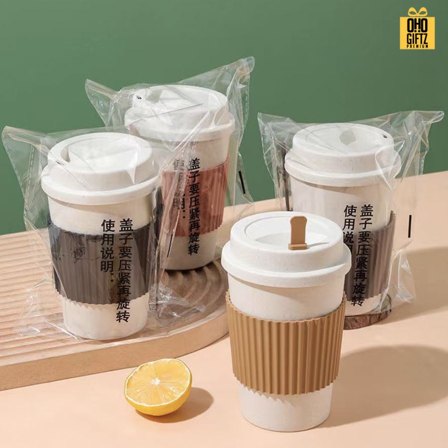 ถ้วยกาแฟพลาสติกฟางข้าวสาลี สกรีนโลโก้ ทำเป็นของพรีเมี่ยมได้