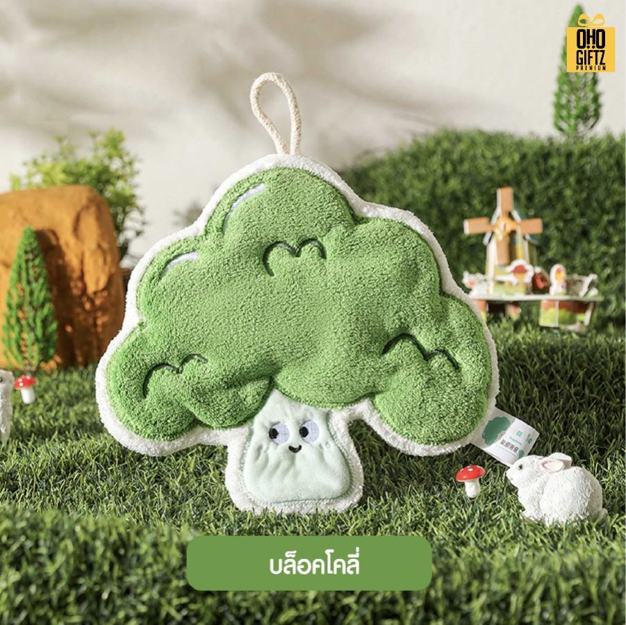 ผ้าเช็ดมือผักสวนครัว สกรีนโลโก้ ติดลาเบล ทำเป็นของพรีเมี่ยมได้