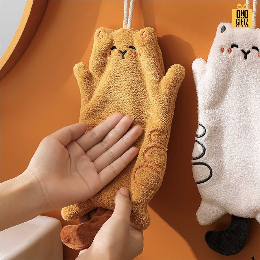 ผ้าเช็ดมือแมวน้อย สกรีนโลโก้ ติดลาเบล ทำเป็นของพรีเมี่ยมได้