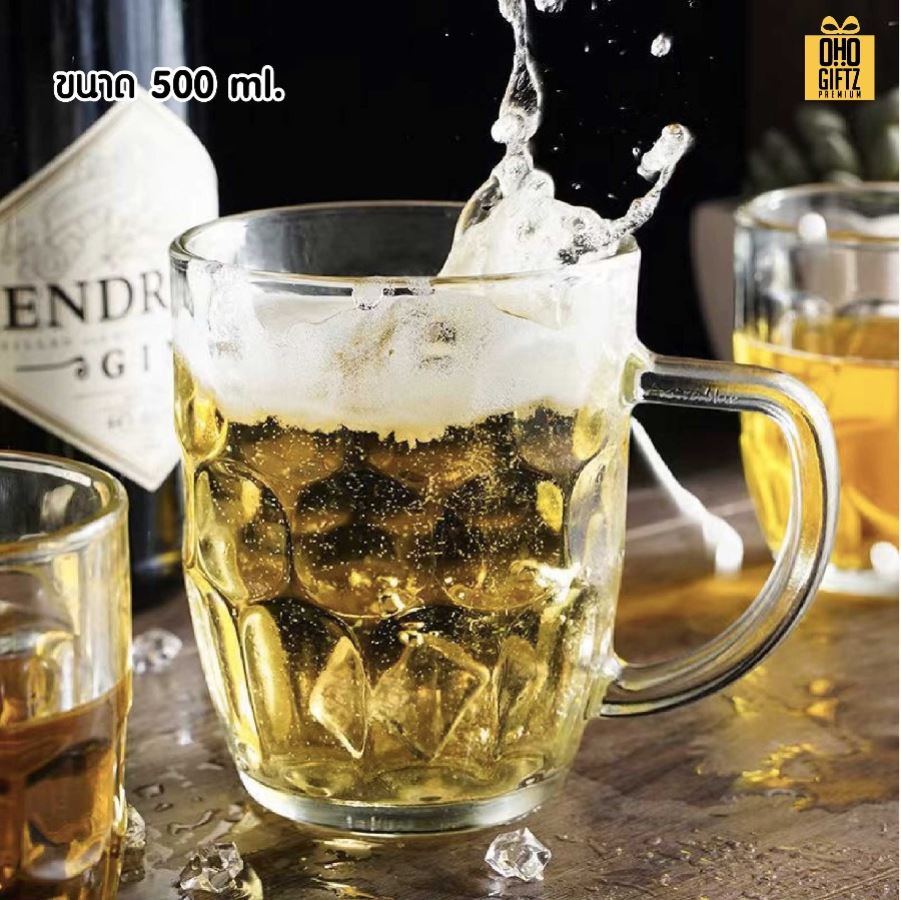 แก้วดื่ม Beer ใส มีหูจับ สกรีนชื่อ สกรีนโลโก้ ทำเป็นของพรีเมี่ยมได้