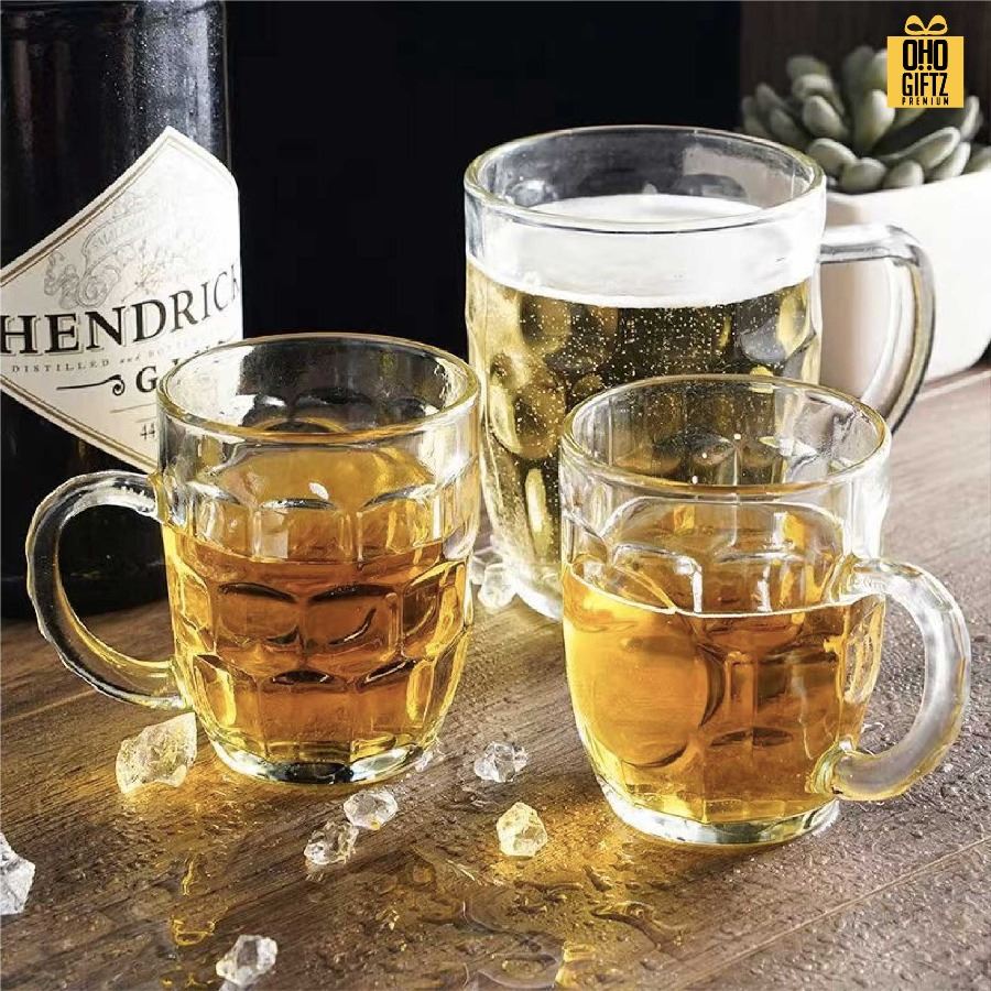 แก้วดื่ม Beer ใส มีหูจับ สกรีนชื่อ สกรีนโลโก้ ทำเป็นของพรีเมี่ยมได้