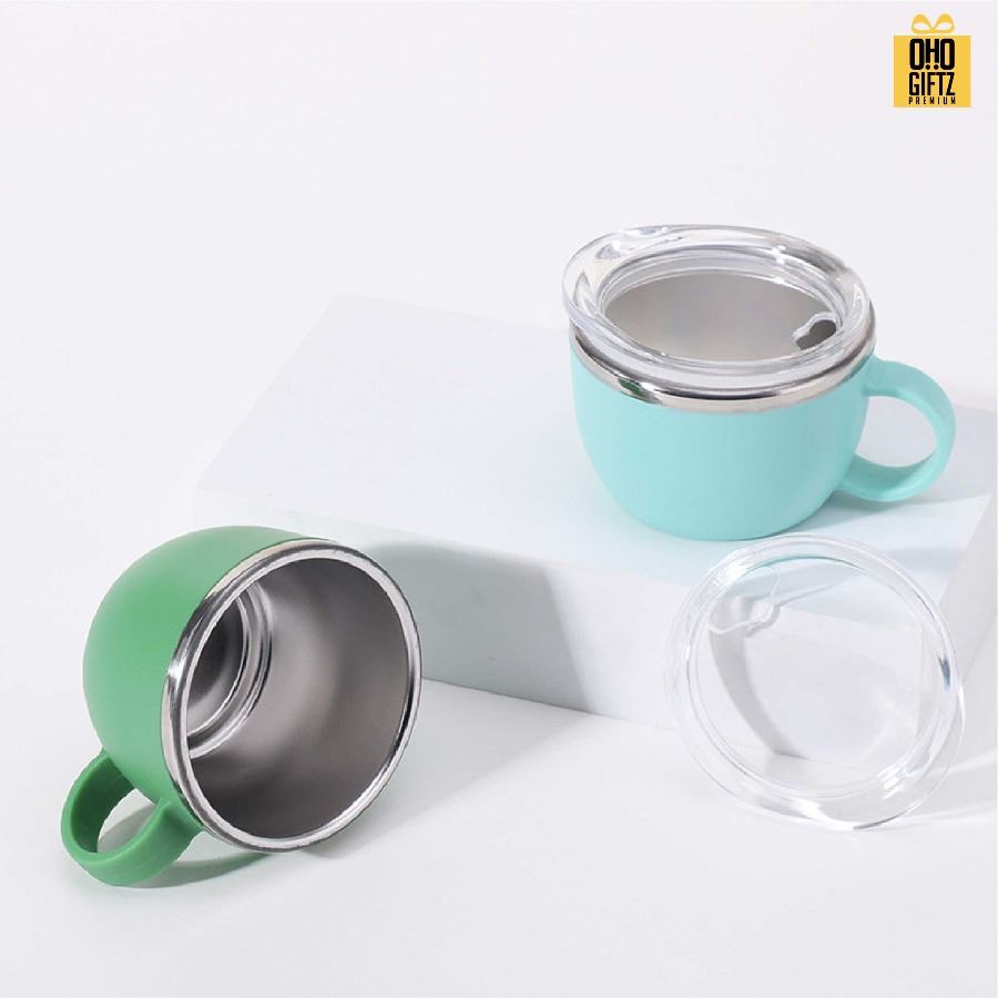 แก้วน้ำสแตนเลสจิ๋ว มีหูจับ ขนาด 3oz สกรีนโลโก้ ทำเป็นของพรีเมี่ยมได้