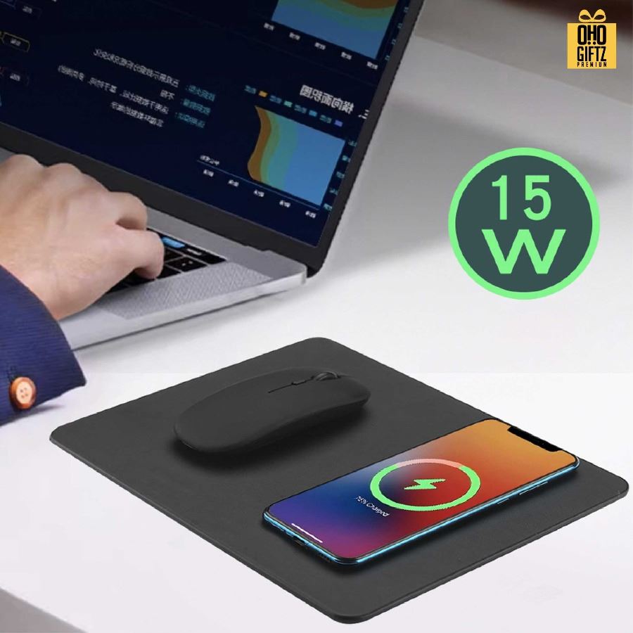 แผ่นรองเม้าส์พร้อมที่ชาร์จมือถือไร้สาย สกรีนโลโก้  ทำเป็นของพรีเมี่ยมได้