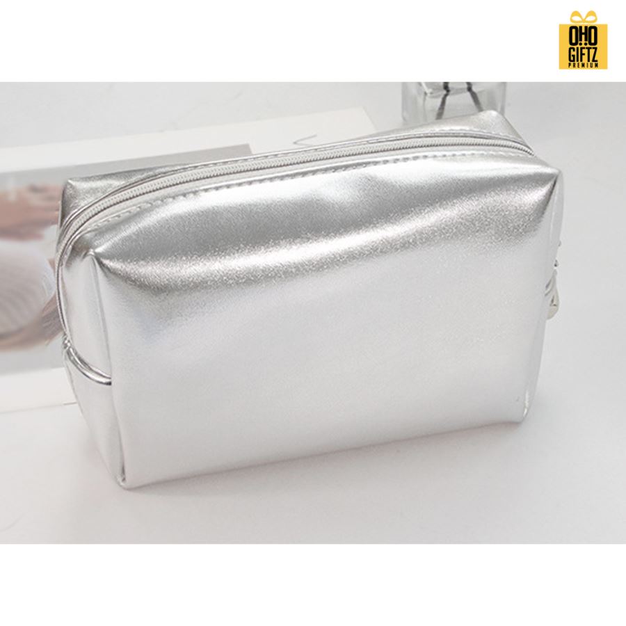 กระเป๋าเครื่องสำอางหนัง PU สีเงิน ดูหรูหรา สกรีนโลโก้  ทำเป็นของพรีเมี่ยมได้
