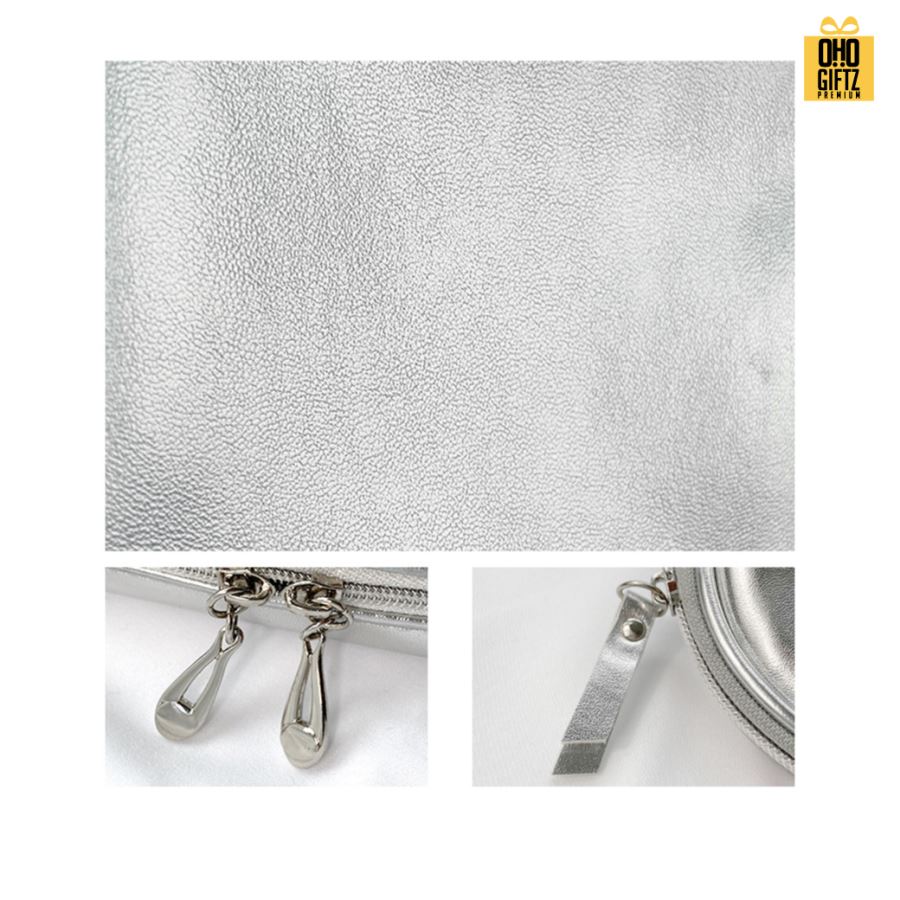 กระเป๋าเครื่องสำอางหนัง PU สีเงิน ดูหรูหรา สกรีนโลโก้  ทำเป็นของพรีเมี่ยมได้