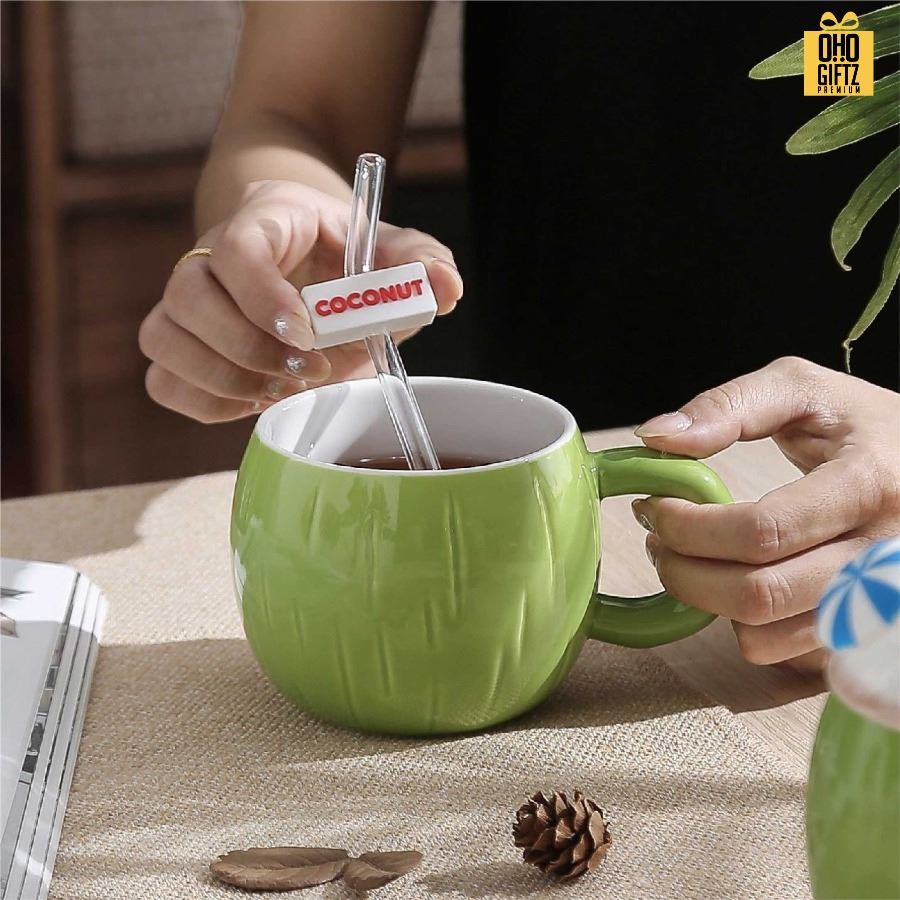 แก้วเซรามิคทรงมะพร้าว สกรีนชื่อ สกรีนโลโก้ ทำเป็นของพรีเมี่ยมได้