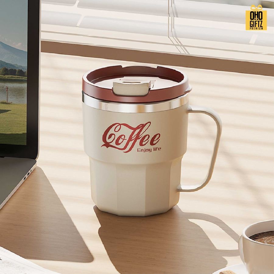 แก้วสแตนเลสพร้อมหูจับ สกรีนโลโก้ ทำเป็นของพรีเมี่ยมได้