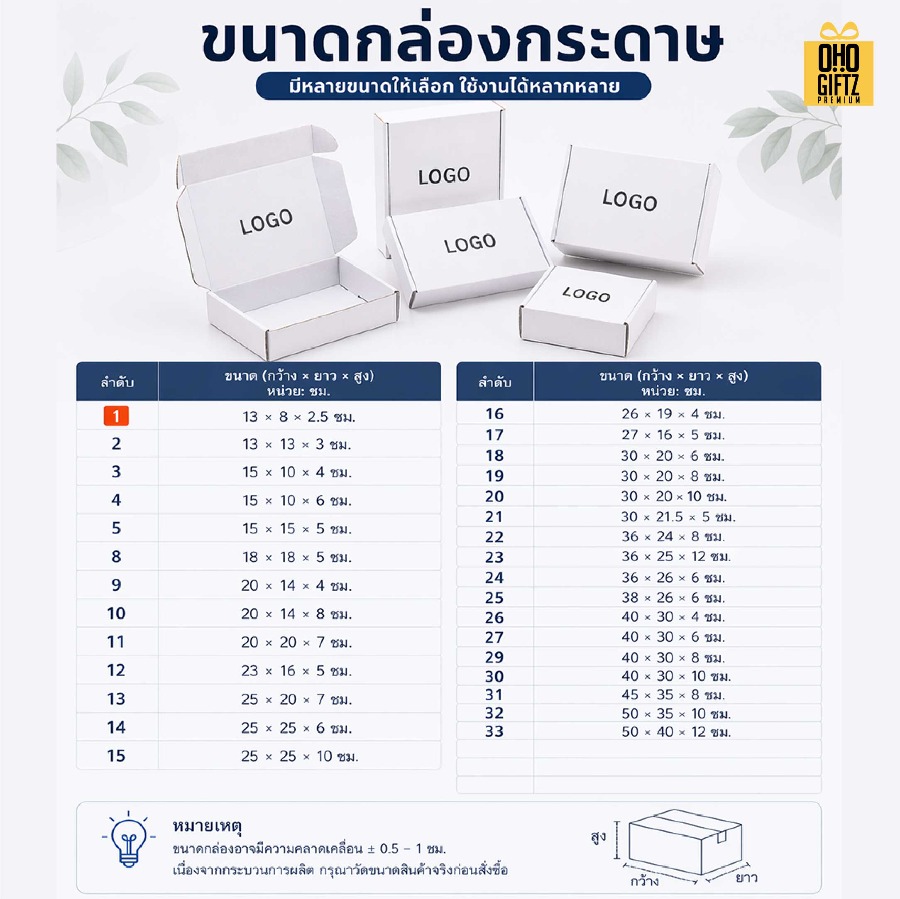 กล่องกระดาษหูช้างสีขาว มีหลายขนาดให้เลือก สกรีนโลโก้ สกรีนโลโก้ ทำเป็นของพรีเมี่ยม 