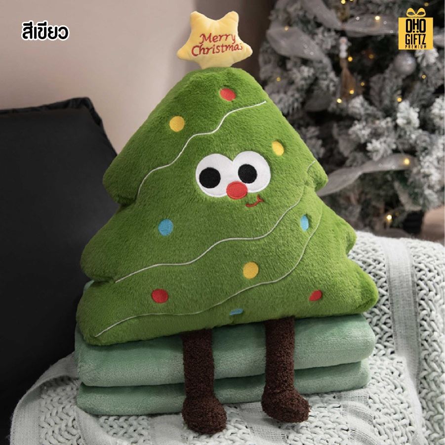 ตุ๊กตาหมอนผ้าห่มต้นคริสต์มาส สกรีนโลโก้ ติดลาเบล ทำเป็นของพรีเมี่ยมได้
