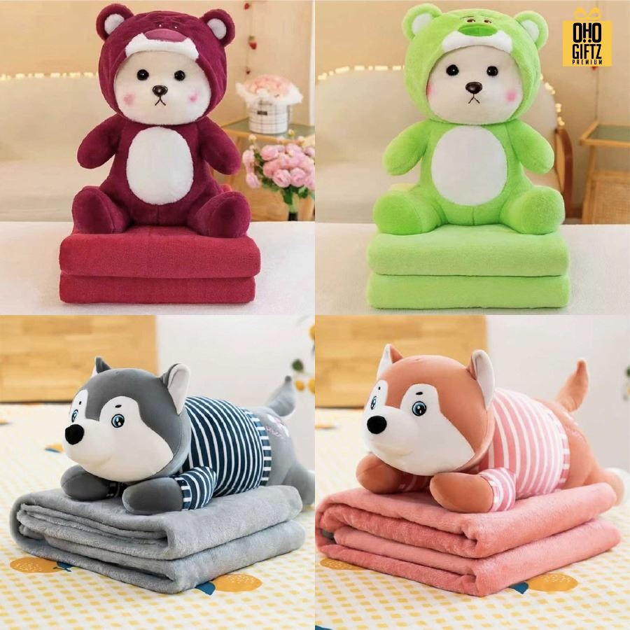 ตุ๊กตาหมอนผ้าห่ม รับผลิตดีไซน์ตามต้องการ สกรีนโลโก้  ติดลาเบล ทำเป็นของพรีเมี่ยมได้