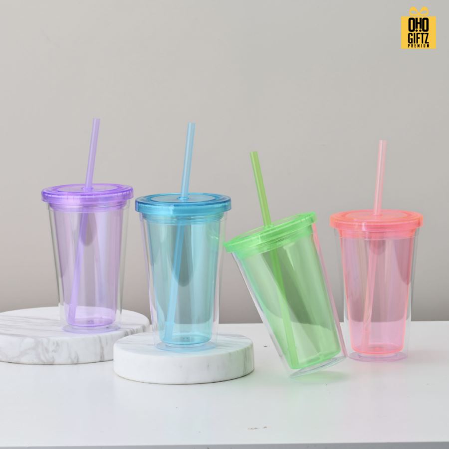 ถ้วยพลาสติกสี 2 ชั้น พร้อมหลอด สกรีนโลโก้ ทำเป็นของพรีเมี่ยมได้