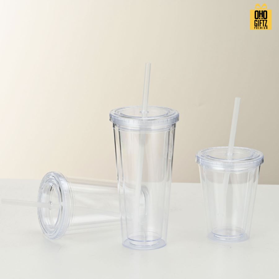 ถ้วยพลาสติกใส 2 ชั้นพร้อมหลอด สกรีนโลโก้ ทำเป็นของพรีเมี่ยมได้