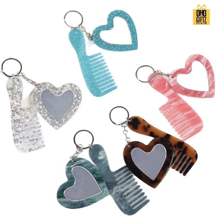 พวงกุญแจหวีกระจกลายกระวินเทจ สกรีนโลโก้ ทำเป็นของพรีเมี่ยม ของชำร่วยได้