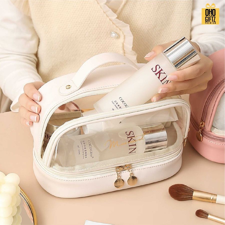 กระเป๋าเครื่องสำอาง 2 ชั้น มีหน้าต่างใส สกรีนโลโก้ ทำเป็นของพรีเมี่ยมได้