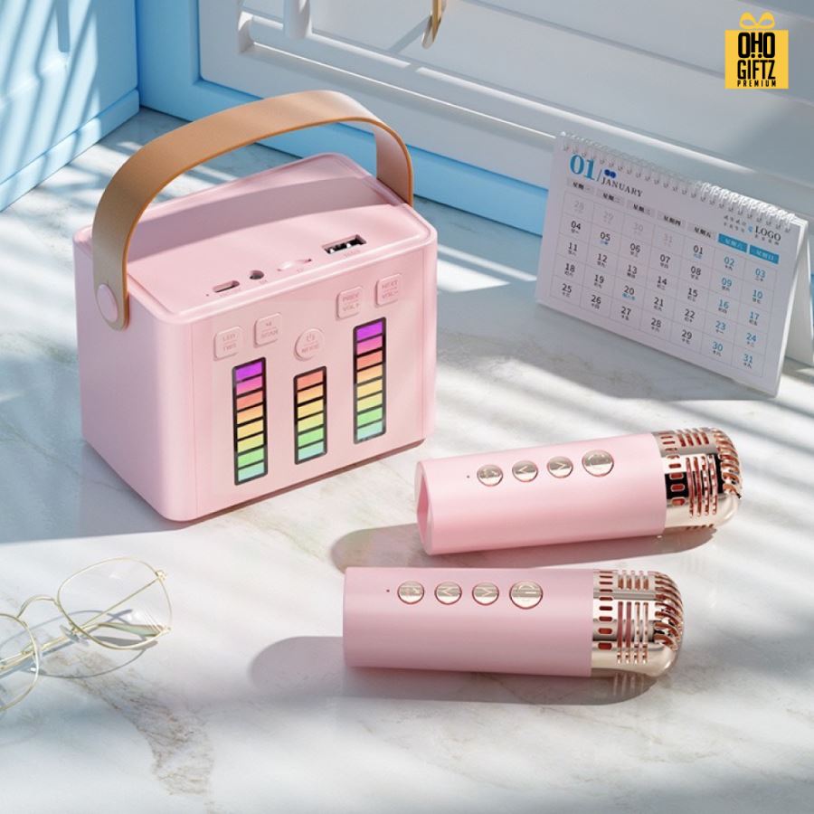 ลำโพงบลูทูธคาราโอเกะพร้อมไมค์ สกรีนโลโก้ สกรีนชื่อร้านทำเป็นของพรีเมี่ยมได้ 