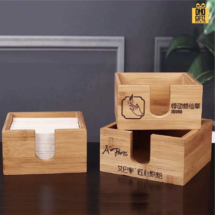 กล่องใส่ทิชชู่ไม้ เลเซอร์โลโก้ได้ สกรีนโลโก้ ทำเป็นของพรีเมี่ยมได้