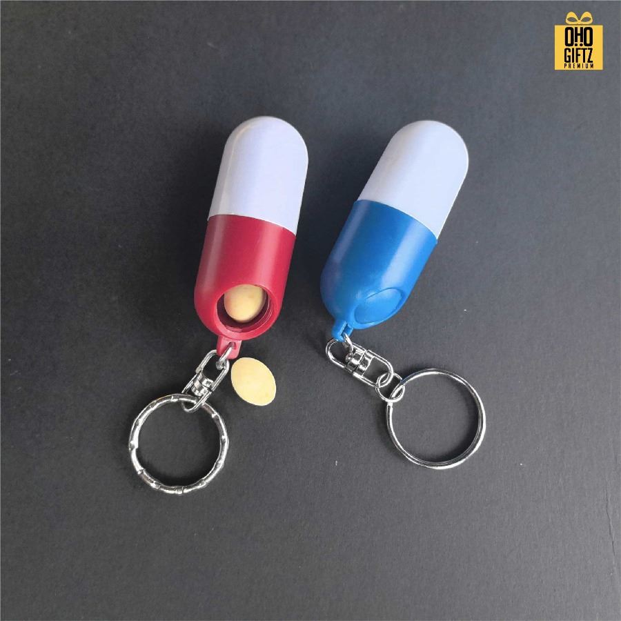 พวงกุญแจกล่องใส่ยารูปแคปซูล สกรีนโลโก้ ทำเป็นของพรีเมี่ยม ของชำร่วยได้