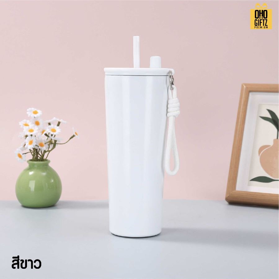 แก้วน้ำสแตนเลสทรงสูงมีสายคล้องมือ สกรีนโลโก้ ทำเป็นของพรีเมี่ยมได้