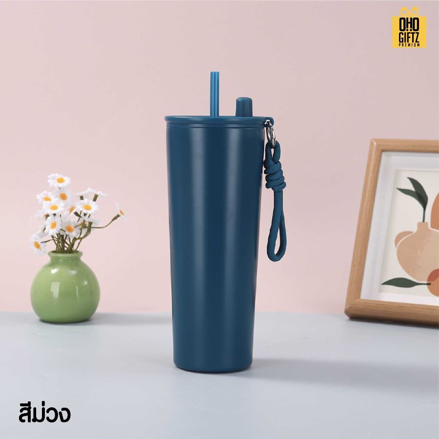 แก้วน้ำสแตนเลสทรงสูงมีสายคล้องมือ สกรีนโลโก้ ทำเป็นของพรีเมี่ยมได้