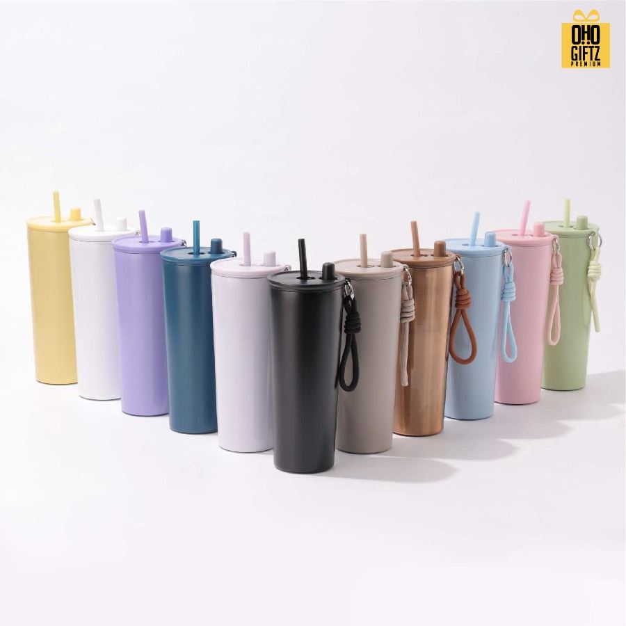 แก้วน้ำสแตนเลสทรงสูงมีสายคล้องมือ สกรีนโลโก้ ทำเป็นของพรีเมี่ยมได้