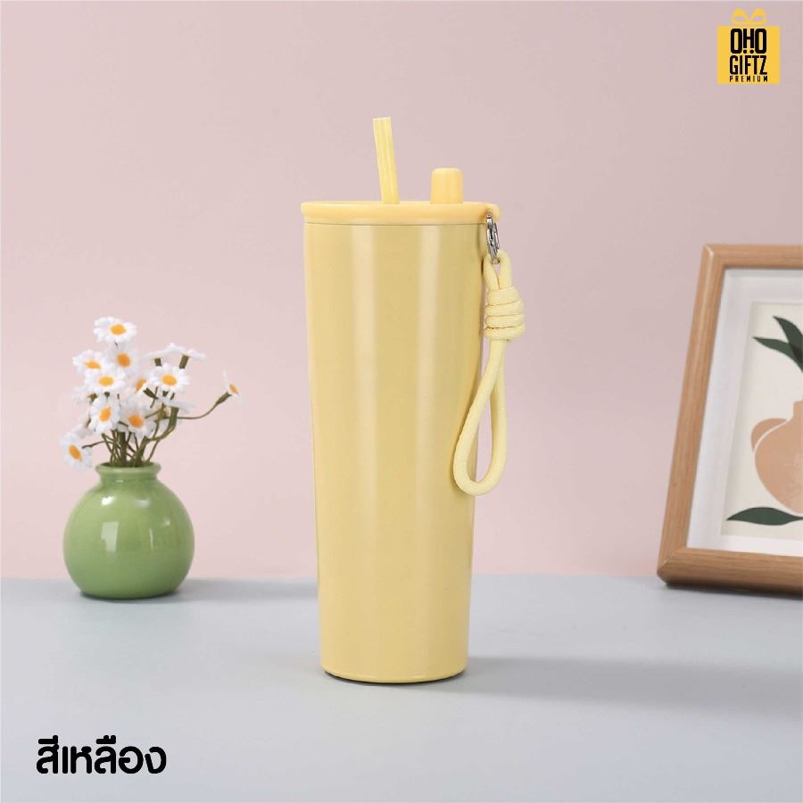 แก้วน้ำสแตนเลสทรงสูงมีสายคล้องมือ สกรีนโลโก้ ทำเป็นของพรีเมี่ยมได้