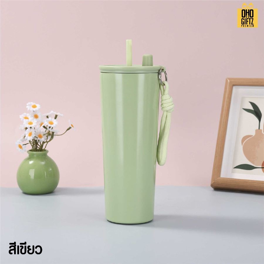 แก้วน้ำสแตนเลสทรงสูงมีสายคล้องมือ สกรีนโลโก้ ทำเป็นของพรีเมี่ยมได้