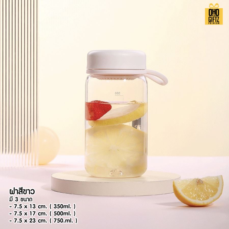 ขวดน้ำพลาสติกใสมีหูหิ้วในตัว สกรีนโลโก้ ทำเป็นของพรีเมี่ยมได้