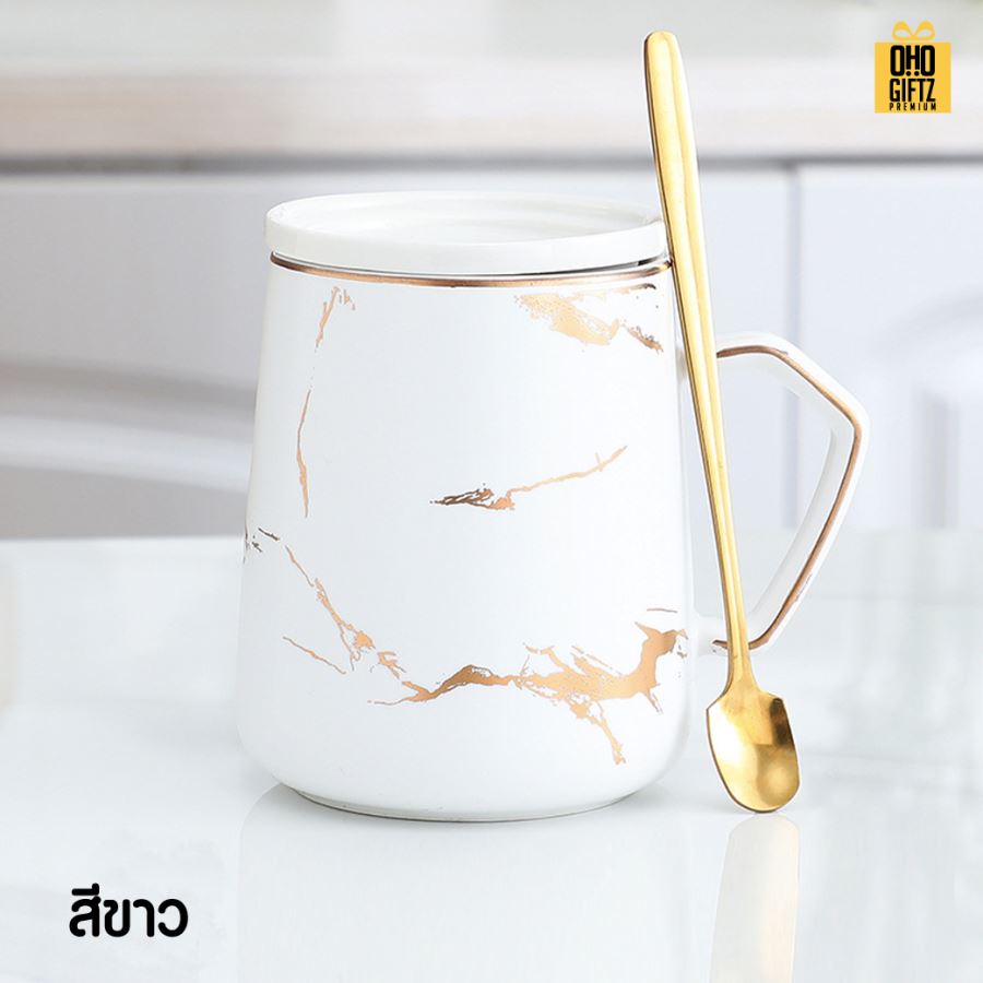 แก้วเซรามิคลายหินอ่อนริ้วทองพร้อมช้อนทอง สกรีนชื่อ สกรีนโลโก้ ทำเป็นของพรีเมี่ยมได้