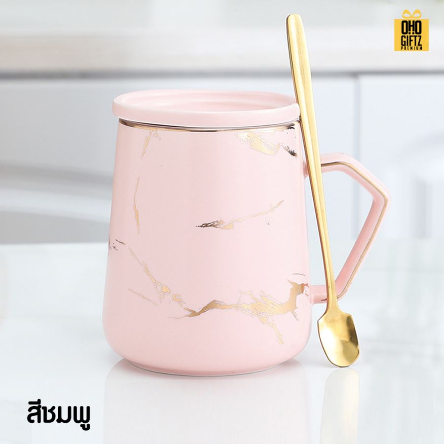 แก้วเซรามิคลายหินอ่อนริ้วทองพร้อมช้อนทอง สกรีนชื่อ สกรีนโลโก้ ทำเป็นของพรีเมี่ยมได้