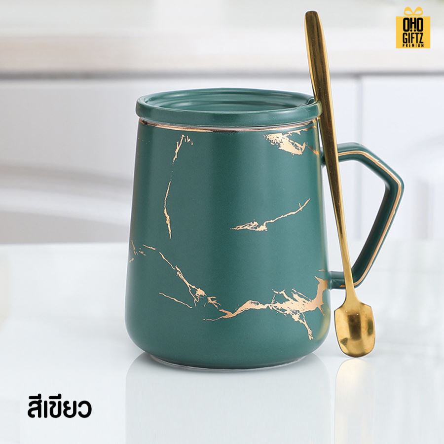 แก้วเซรามิคลายหินอ่อนริ้วทองพร้อมช้อนทอง สกรีนชื่อ สกรีนโลโก้ ทำเป็นของพรีเมี่ยมได้