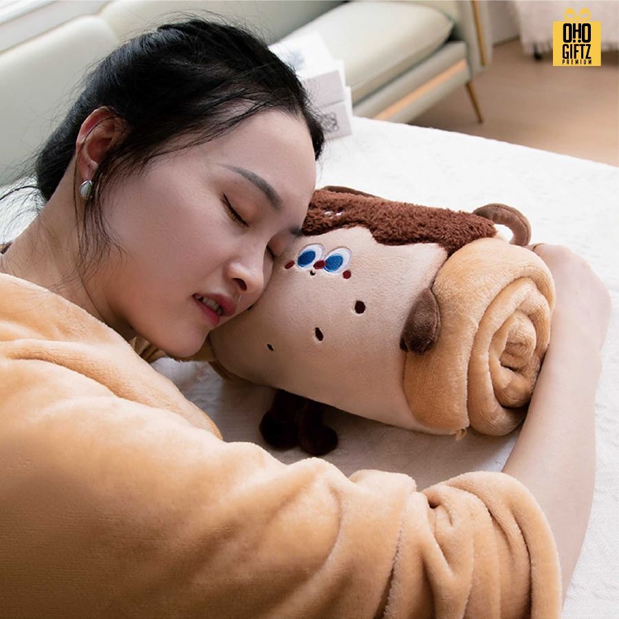 ผ้าห่มพกพาพร้อมกระเป๋าหิ้ว ลายขนมปังชีส ผลิตโลโก้ เย็บลาเบล ทำเป็นของพรีเมี่ยมได้