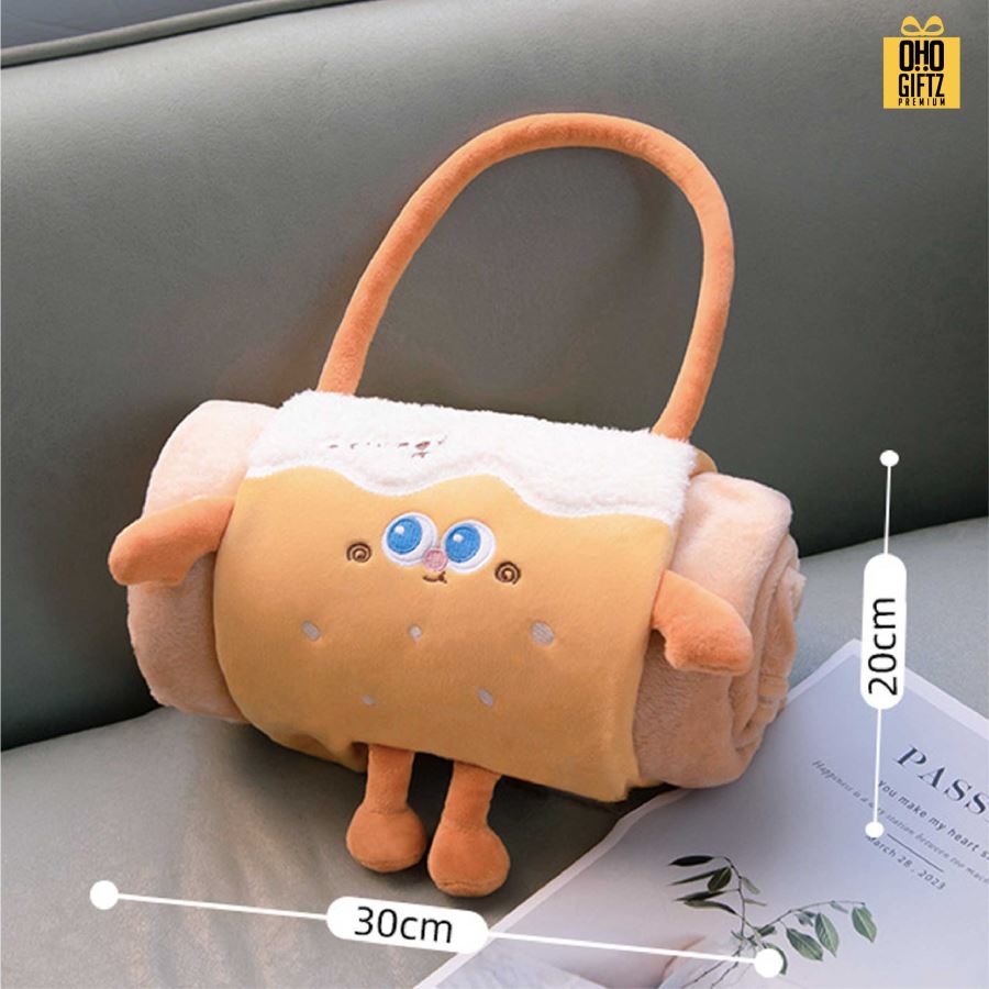 ผ้าห่มพกพาพร้อมกระเป๋าหิ้ว ลายขนมปังชีส ผลิตโลโก้ เย็บลาเบล ทำเป็นของพรีเมี่ยมได้