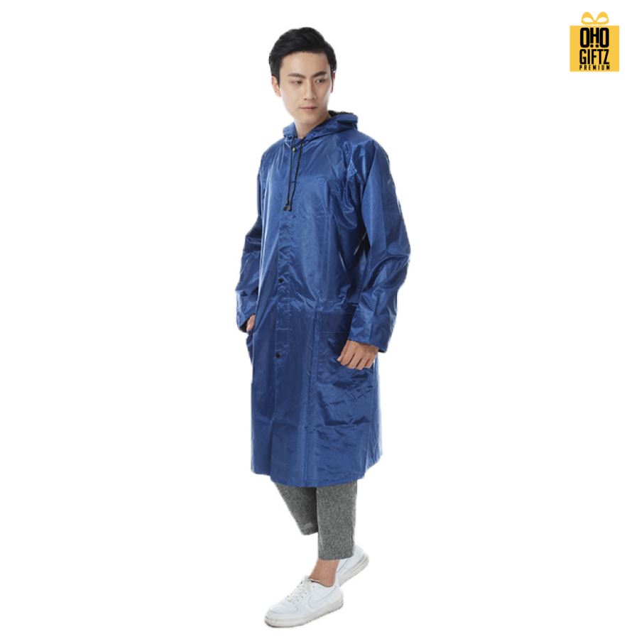 เสื้อกันฝนสีน้ำเงิน สกรีนโลโก้ ทำเป็นของพรีเมี่ยมได้